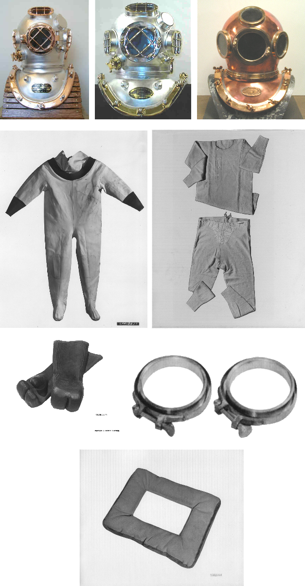 deep SeaDiver helmet, long underwear, dive suit, rubber gloves. clamps and padding